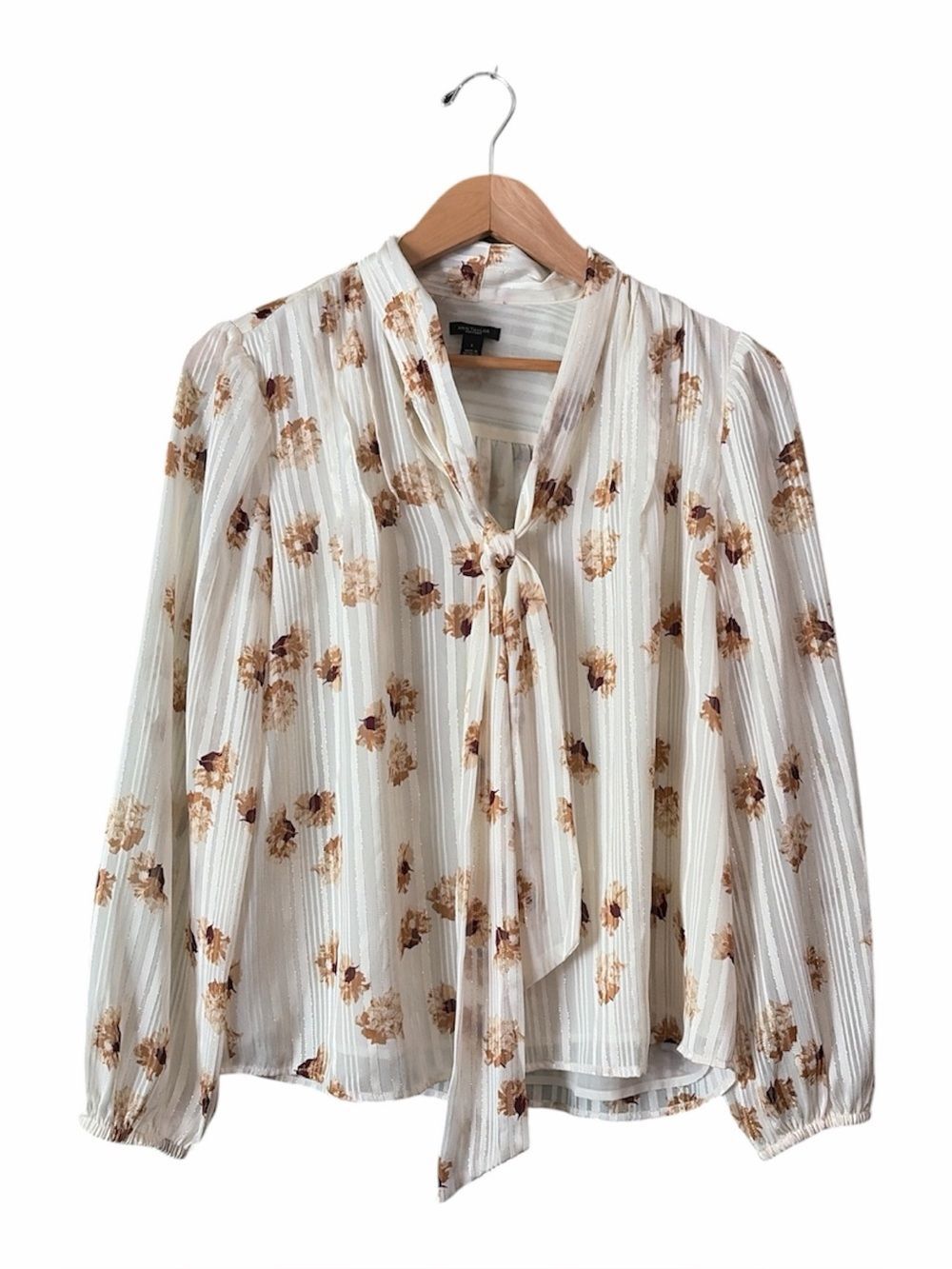 Ann Taylor White Brown Floral Silver Stripes Long Sleeve Blouse Sz S